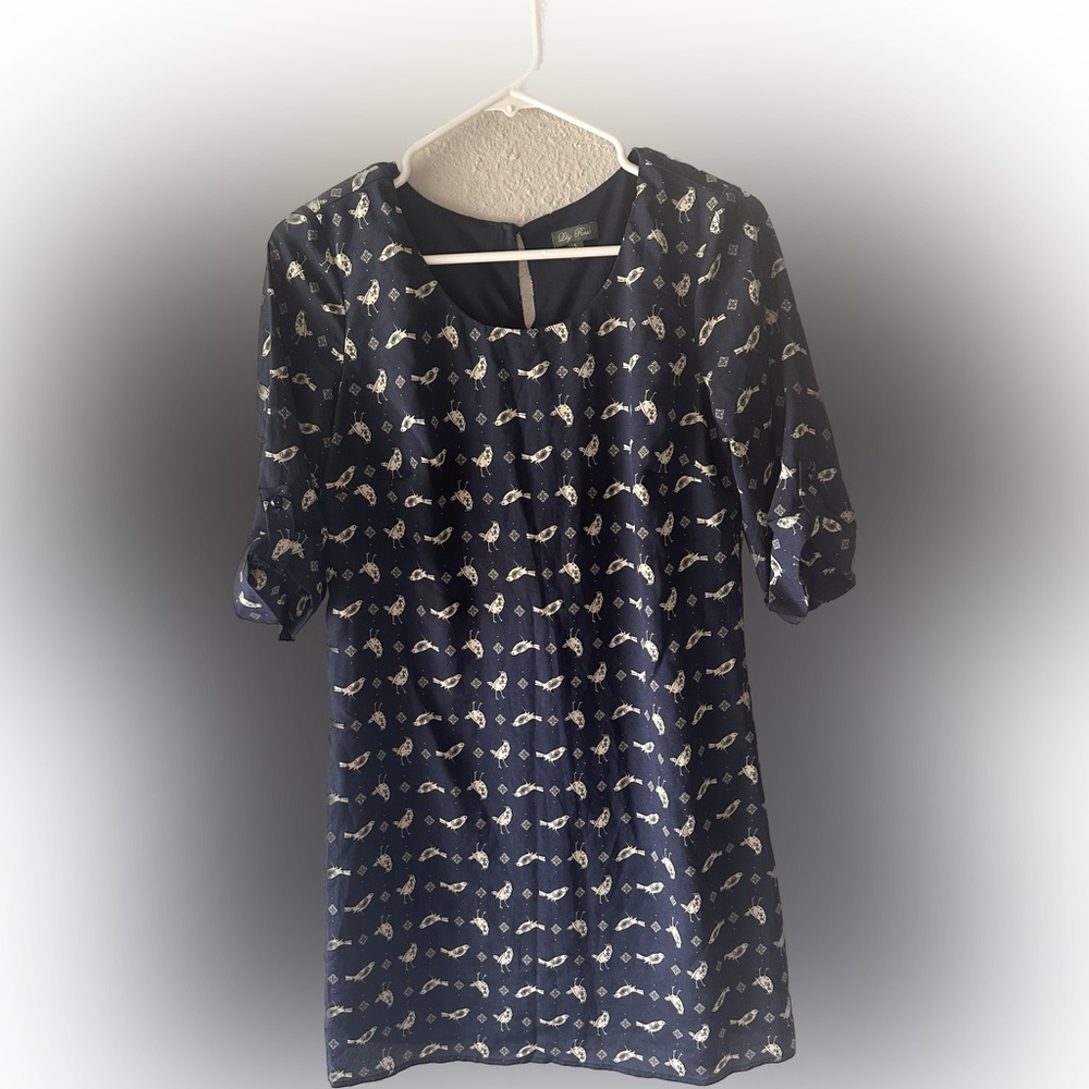 Lily Rose Dress size small, navy blue with birds, 3/4 length sleeves